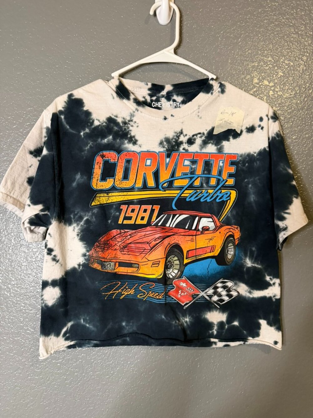 Chemistry Corvette 1981 Turbo Graphic Tee M Black White Tie Dye Crop T Shirt